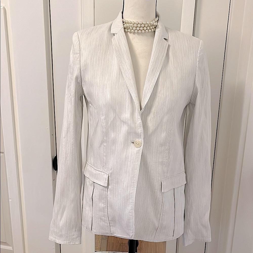 Elie Tahari Linen Blend Blazer Jacket Patch Pocket Fully Lined White Gray Stripe